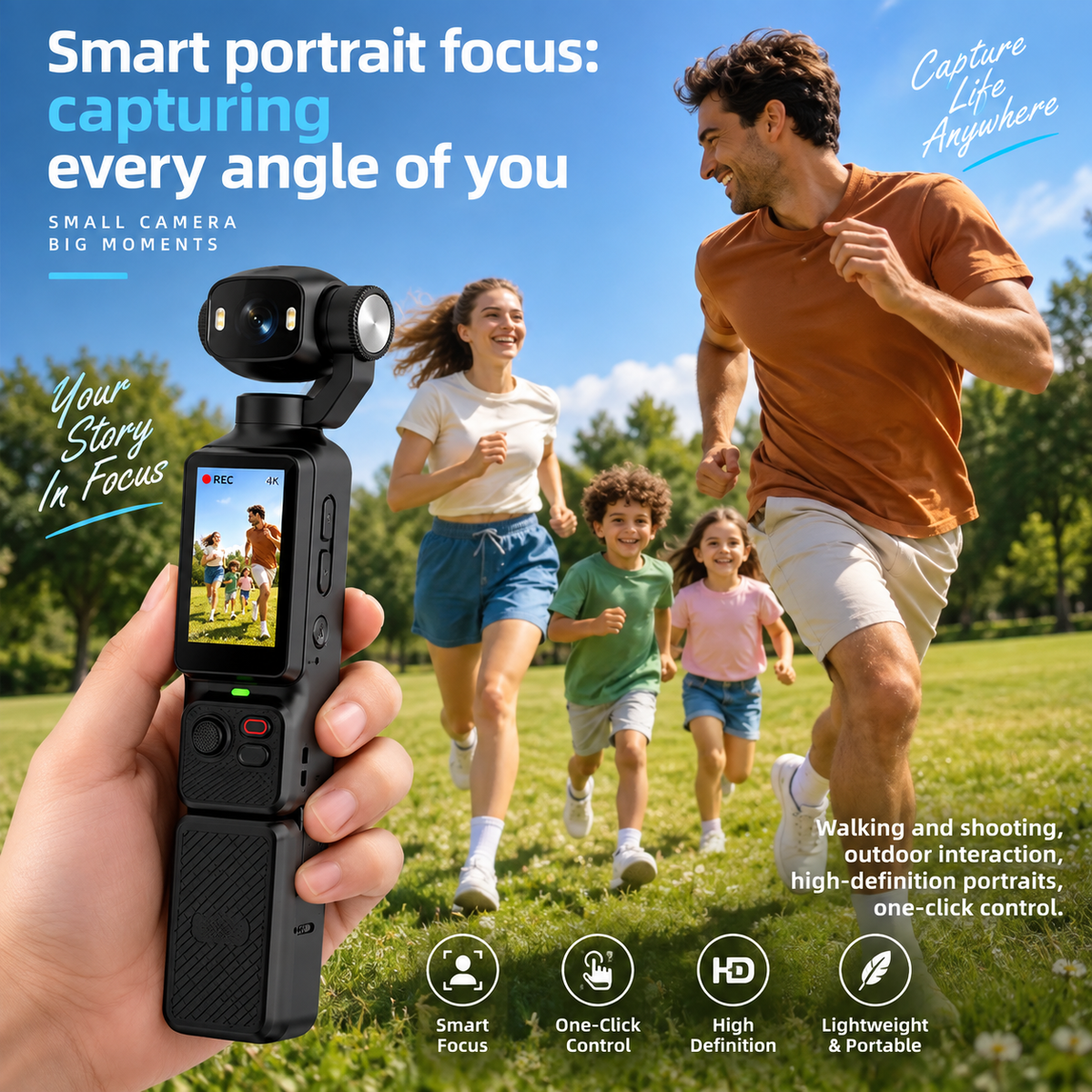 4K Handheld Action Camera – 180° Rotating Lens, Anti-Shake & Fill Light