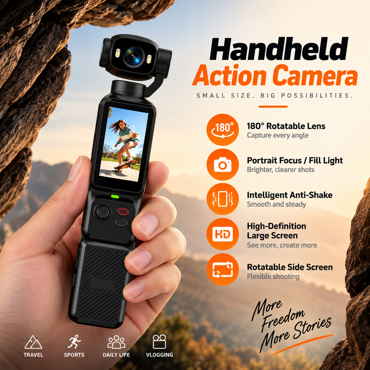 4K Handheld Action Camera – 180° Rotating Lens, Anti-Shake & Fill Light