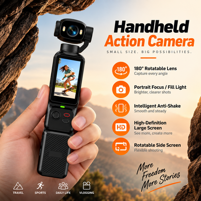 4K Handheld Action Camera – 180° Rotating Lens, Anti-Shake & Fill Light