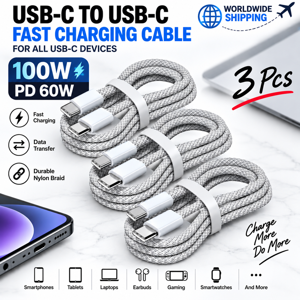 USB-C Fast Charging Cables 100W — 3 Pack