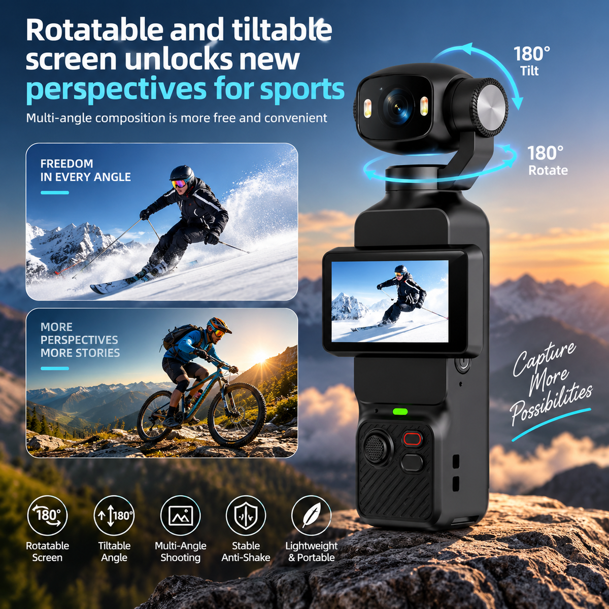 4K Handheld Action Camera – 180° Rotating Lens, Anti-Shake & Fill Light