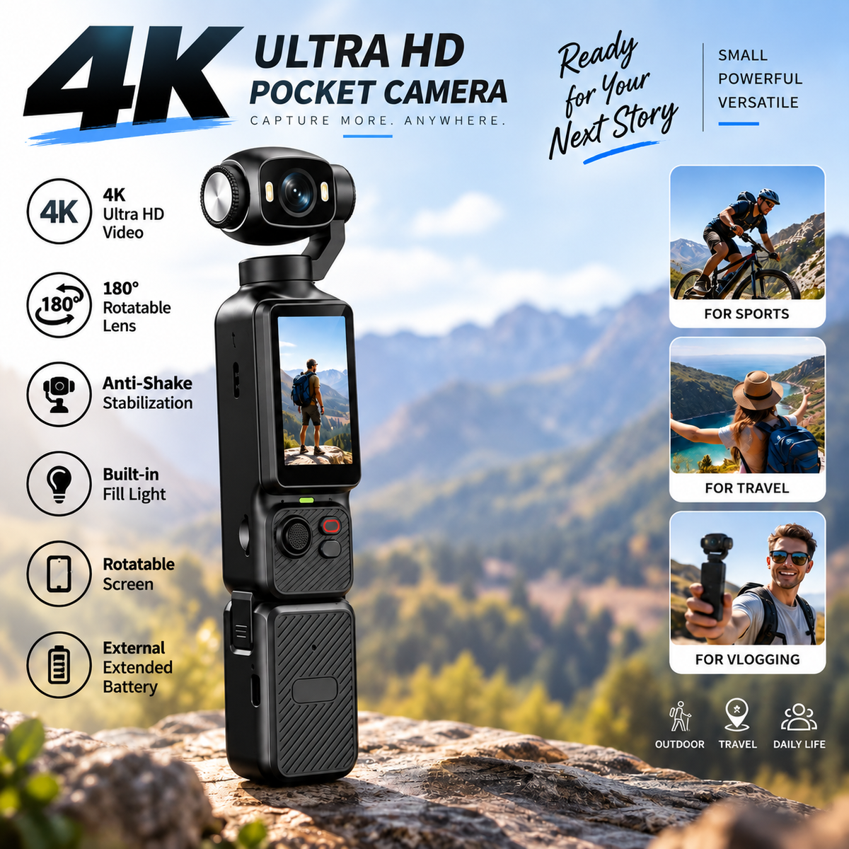 4K Handheld Action Camera – 180° Rotating Lens, Anti-Shake & Fill Light
