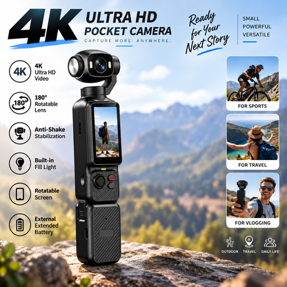 4K Handheld Action Camera – 180° Rotating Lens, Anti-Shake & Fill Light